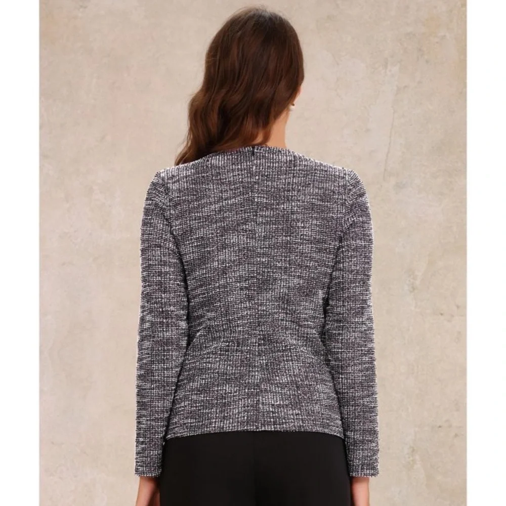 NWT Allegra K Tweed Zipper Back Long Sleeve Crew Neck Blouse - Pink/Black-Small - Picture 2 of 9